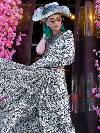 Women's Crepe Grey Printed Designer Saree With Blouse Piece