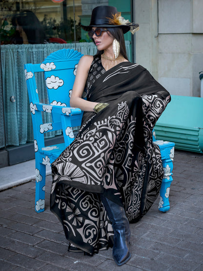 Women's Crepe Black Printed Designer Saree With Blouse Piece