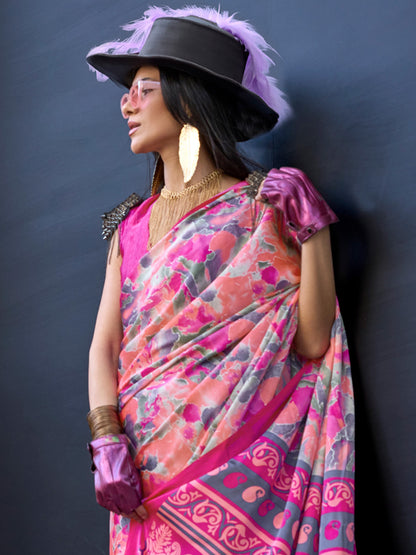 Women's Crepe Pink Printed Designer Saree With Blouse Piece
