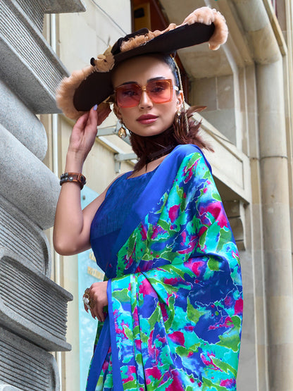 Women's Crepe Navy Blue Printed Designer Saree With Blouse Piece