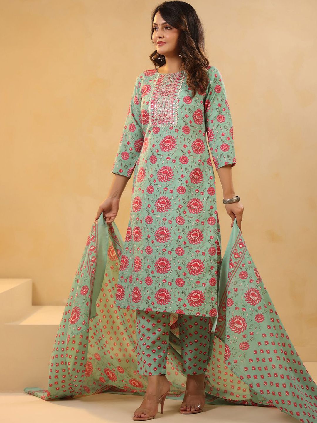 Floral Printed Mirror Work Straight Kurta With Trousers & Dupatta