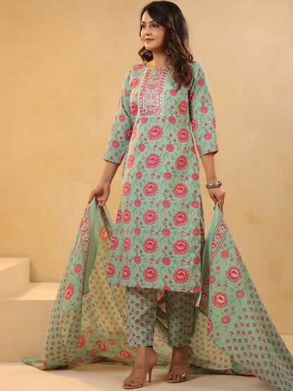Floral Printed Mirror Work Straight Kurta With Trousers & Dupatta