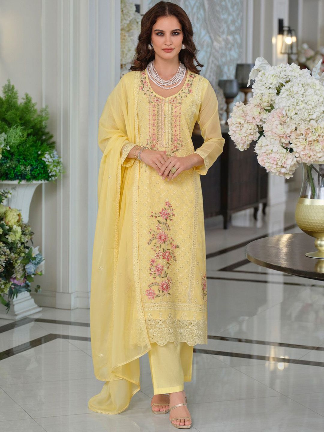 Adults-Women Woven Design Embroidered Kurta with Trousers & Dupatta