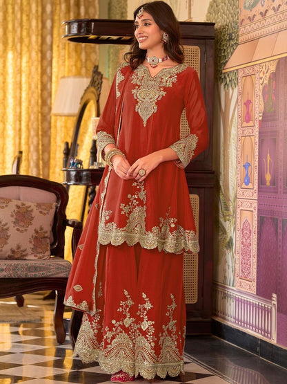 Dhiyona IE Women Ethnic Motifs Embroidered A-Line Kurta with Sharara & Dupatta