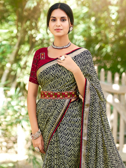 Women's Georgette Maroon Printed Designer Saree With Blouse Piece