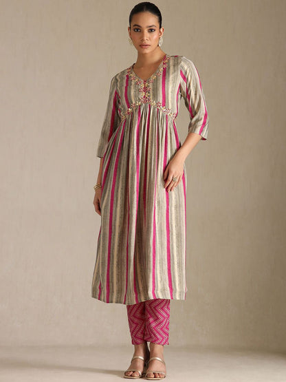 Dhiyona SO Women's Striped V-Neck Beads & Stones Empire Anarkali Kurta With Trousers & Dupatta