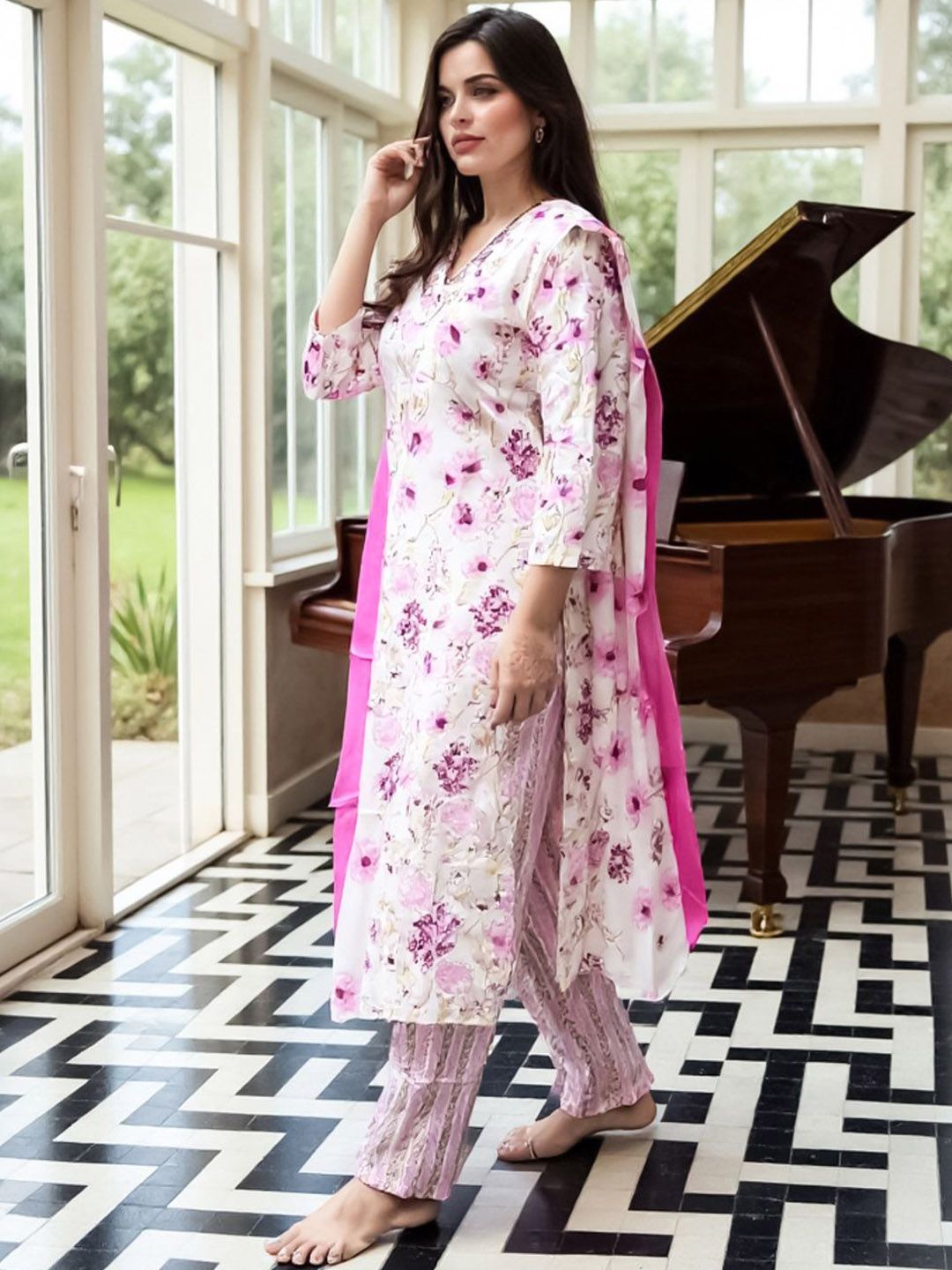 Floral Printed Pure Cotton Straight Kurta With Trousers & Dupatta