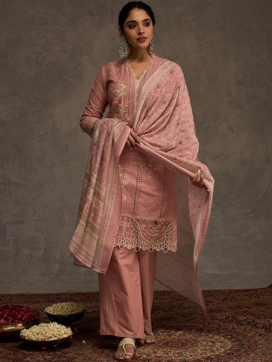 Women Ethnic Motifs Embroidered Cotton Kurta with Trousers & Dupatta