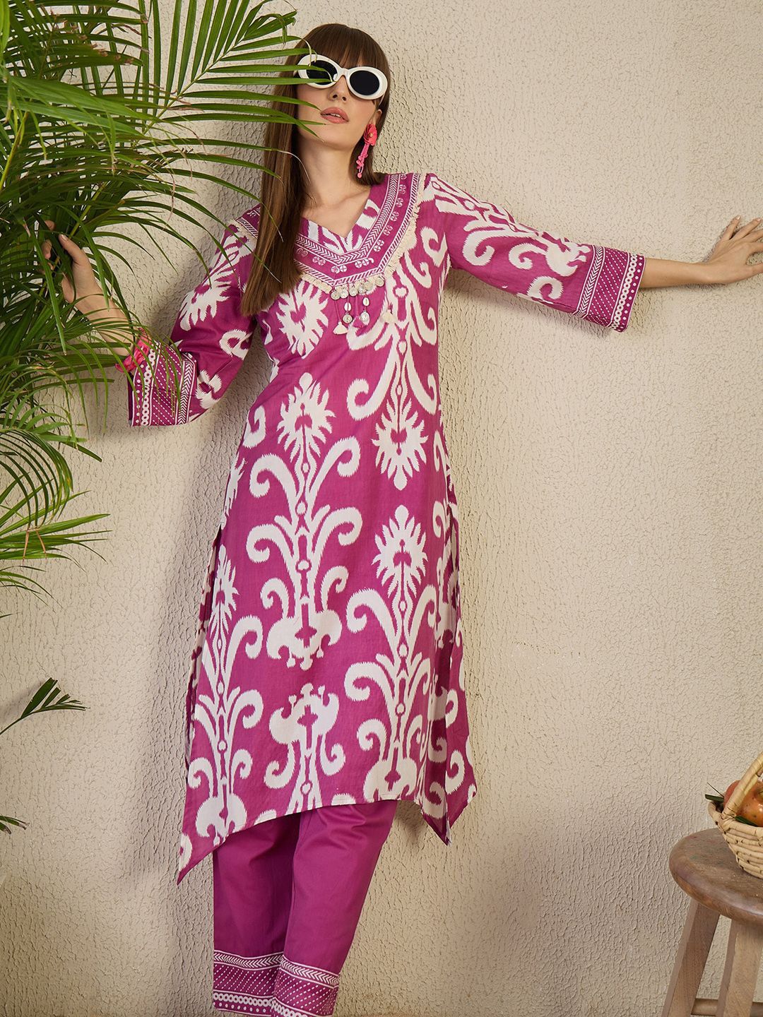 Dhiyona IE Printed V-Neck Pure Cotton Tunic With Trouser