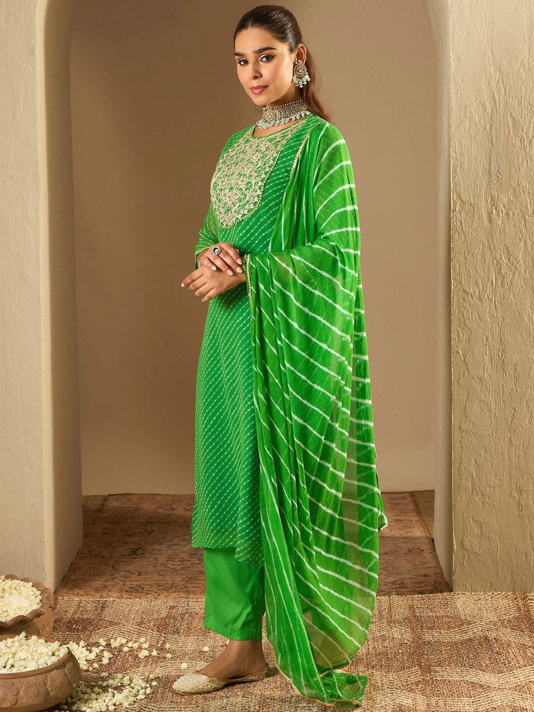 Dhiyona IE Leheriya Printed Straight Sequinned Georgette Kurta with Trousers & Dupatta