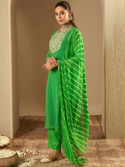 Dhiyona IE Leheriya Printed Straight Sequinned Georgette Kurta with Trousers & Dupatta