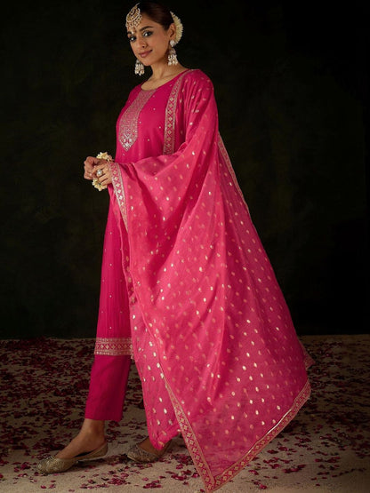 Women Ethnic Motifs Embroidered Regular Kurta with Trousers & With Dupatta