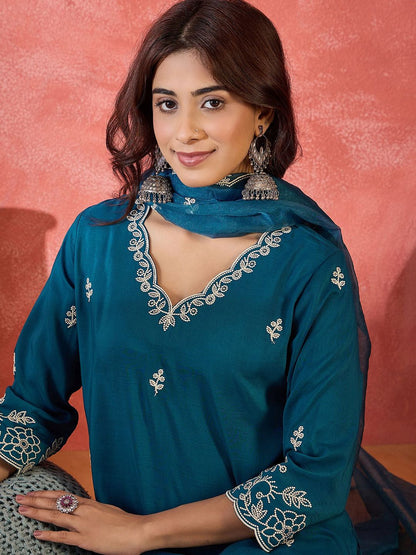 Dhiyona SN Women's Floral Embroidered Thread Work Straight Kurta With Trousers & Dupatta