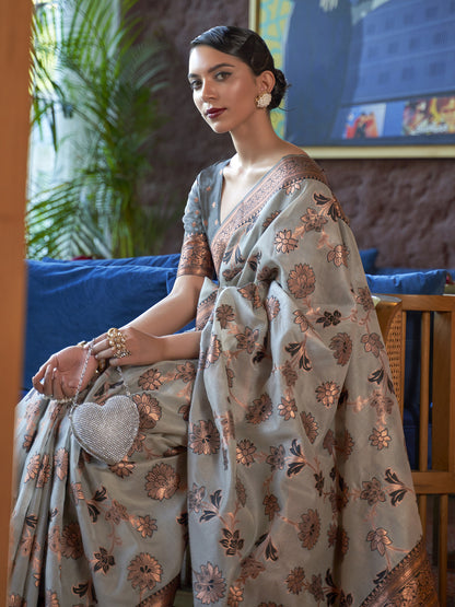 Women's Organza Grey Woven Design Designer Saree With Blouse Piece
