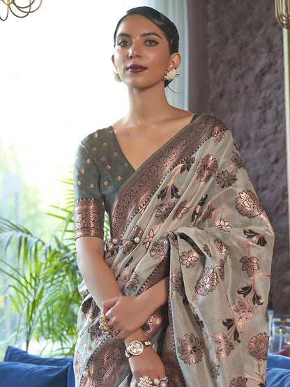 Women's Organza Grey Woven Design Designer Saree With Blouse Piece