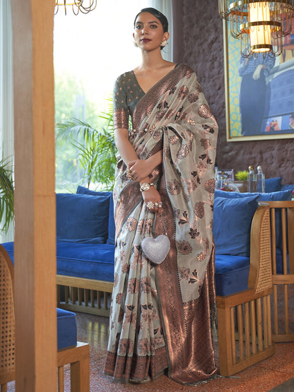 Women's Organza Grey Woven Design Designer Saree With Blouse Piece