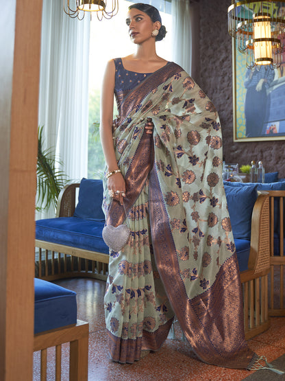Women's Organza Turquoise Woven Design Designer Saree With Blouse Piece