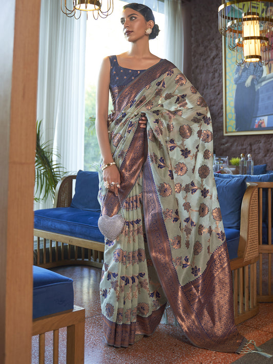 Women's Organza Turquoise Woven Design Designer Saree With Blouse Piece