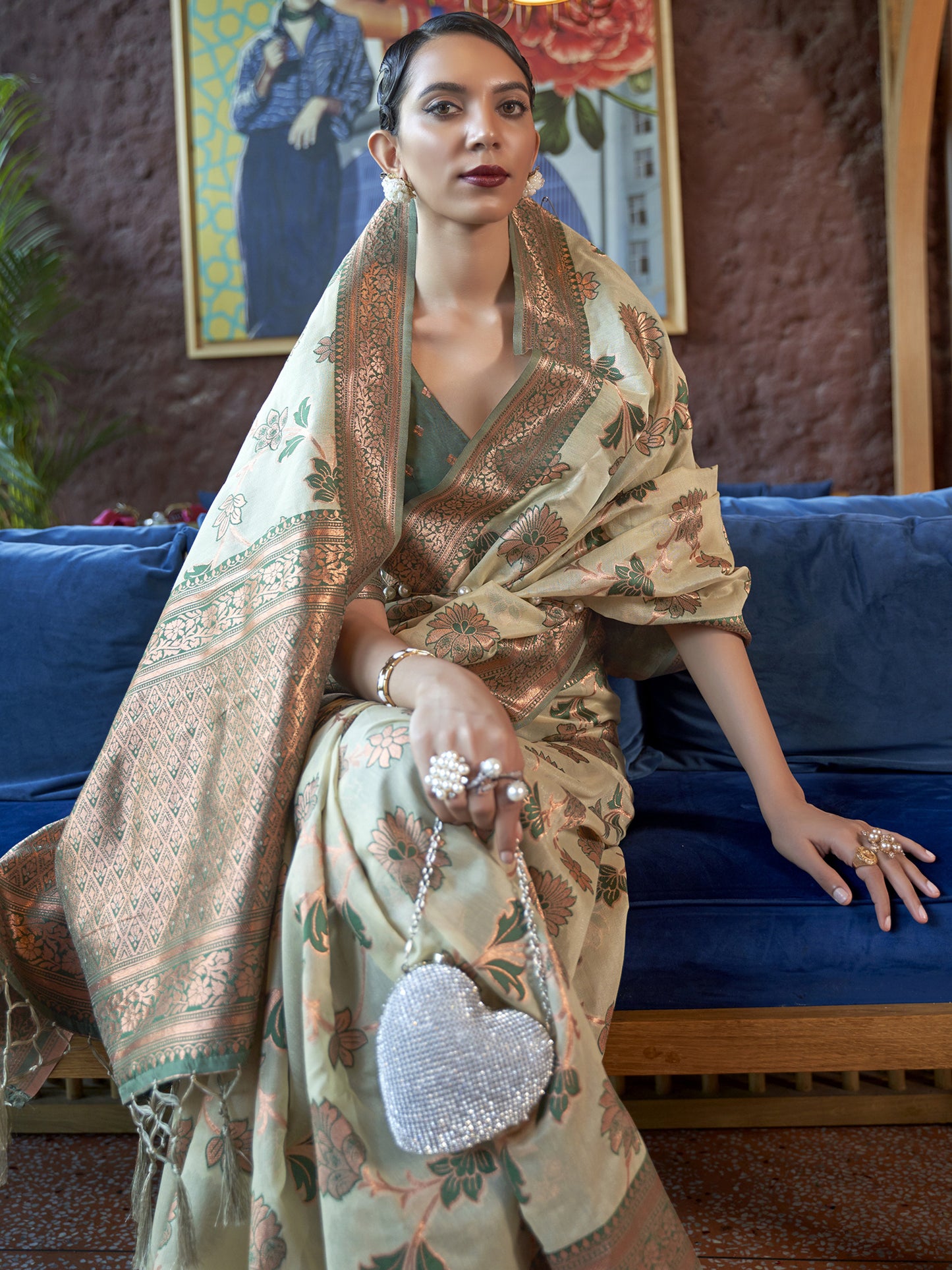 Women's Organza Light Green Woven Design Designer Saree With Blouse Piece