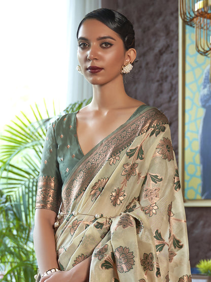 Women's Organza Light Green Woven Design Designer Saree With Blouse Piece