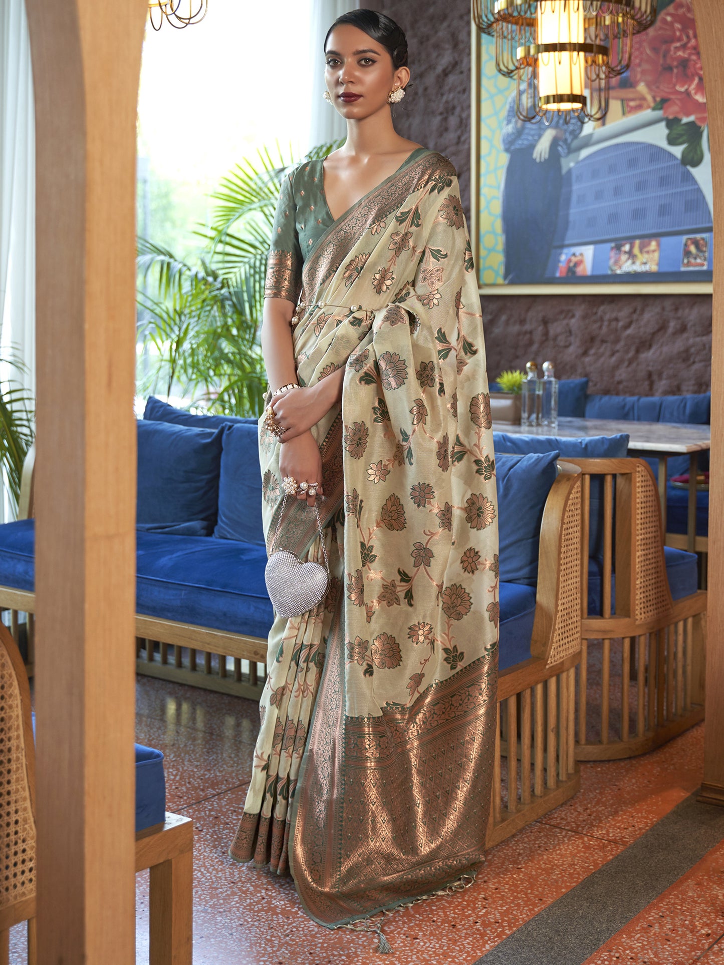 Women's Organza Light Green Woven Design Designer Saree With Blouse Piece