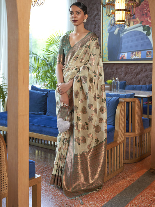 Women's Organza Light Green Woven Design Designer Saree With Blouse Piece