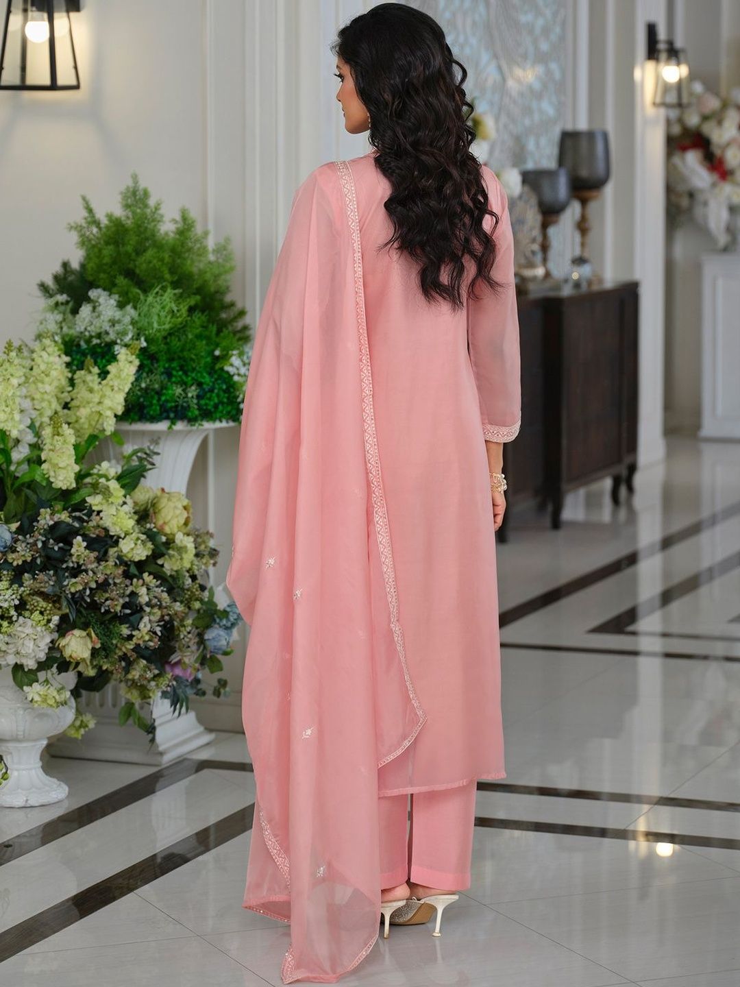 Floral Yoke Design Thread Work Organza Straight Kurta & Trousers With Dupatta