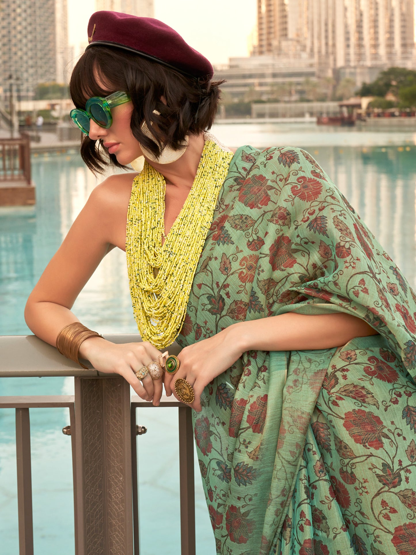 Women's Tissue Sea Green Printed Designer Saree With Blouse Piece