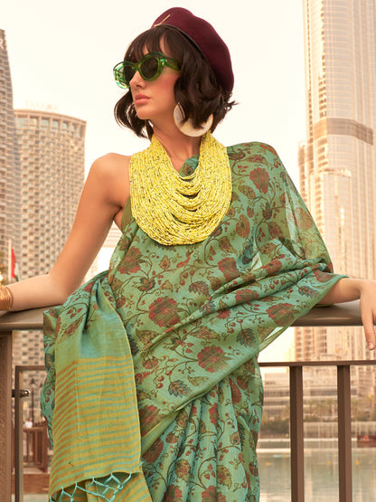 Women's Tissue Sea Green Printed Designer Saree With Blouse Piece