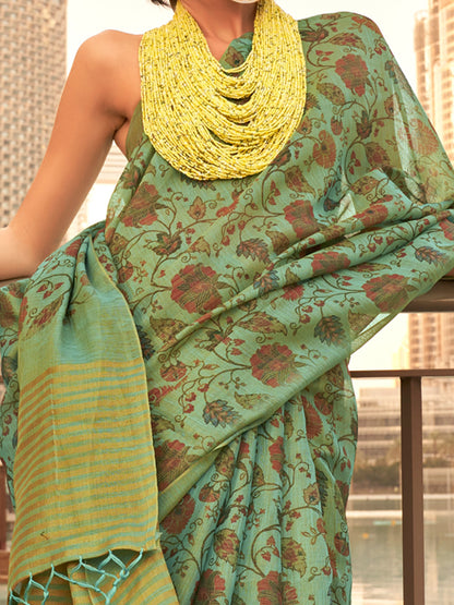Women's Tissue Sea Green Printed Designer Saree With Blouse Piece