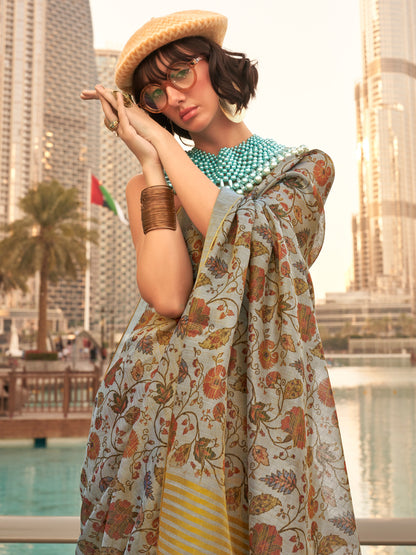 Women's Tissue Grey Printed Designer Saree With Blouse Piece