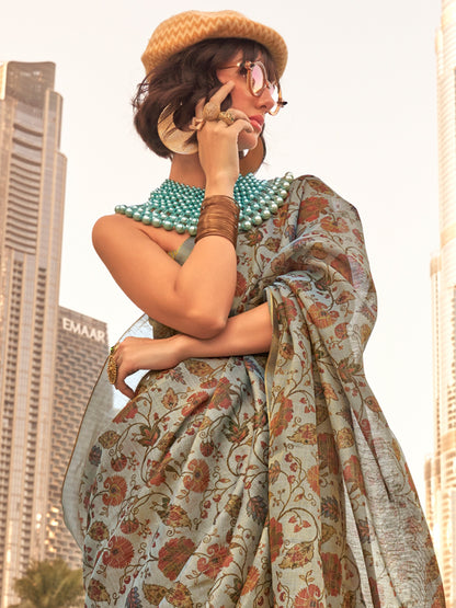 Women's Tissue Grey Printed Designer Saree With Blouse Piece