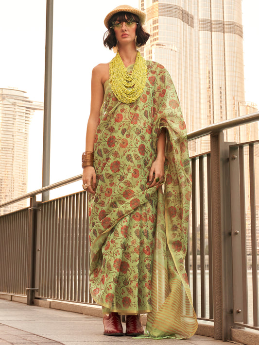 Women's Tissue Light Green Printed Designer Saree With Blouse Piece