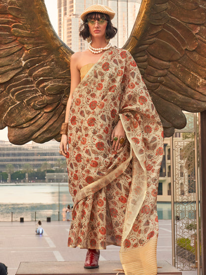 Women's Tissue Cream Printed Designer Saree With Blouse Piece