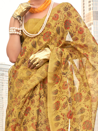 Women's Tissue Mustard Printed Designer Saree With Blouse Piece