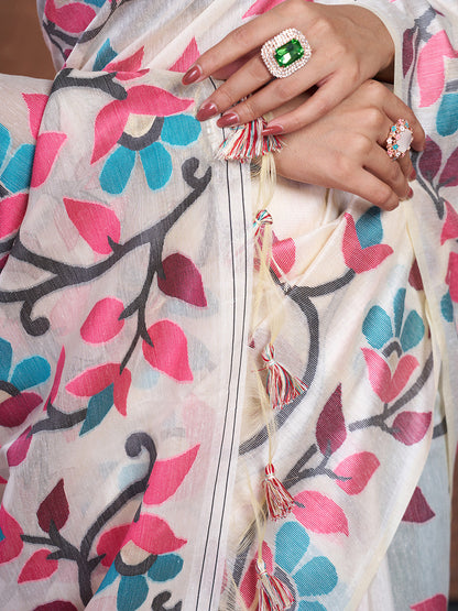 Dhiyona GR Women's Keeyah White & Pink Muslin Cotton Jamdani Saree