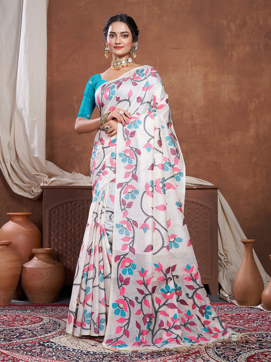 Dhiyona GR Women's Keeyah White & Pink Muslin Cotton Jamdani Saree