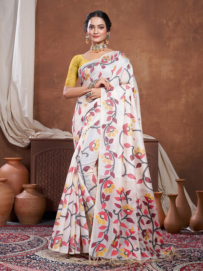 Dhiyona GR Women's Keeyah White & Red Muslin Cotton Jamdani Saree