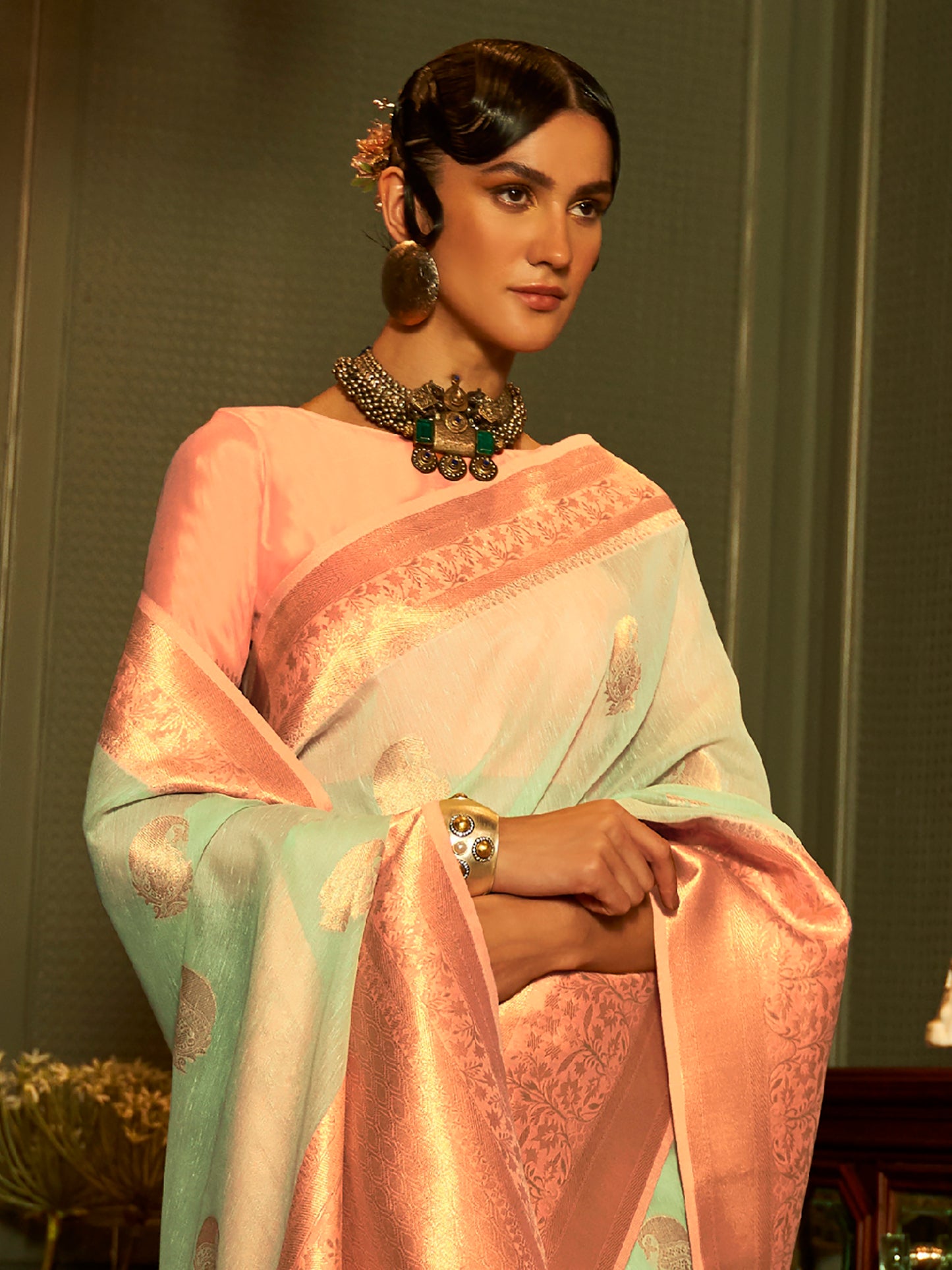 Women's Pure Linen Sea Green Woven Design Designer Saree With Blouse Piece