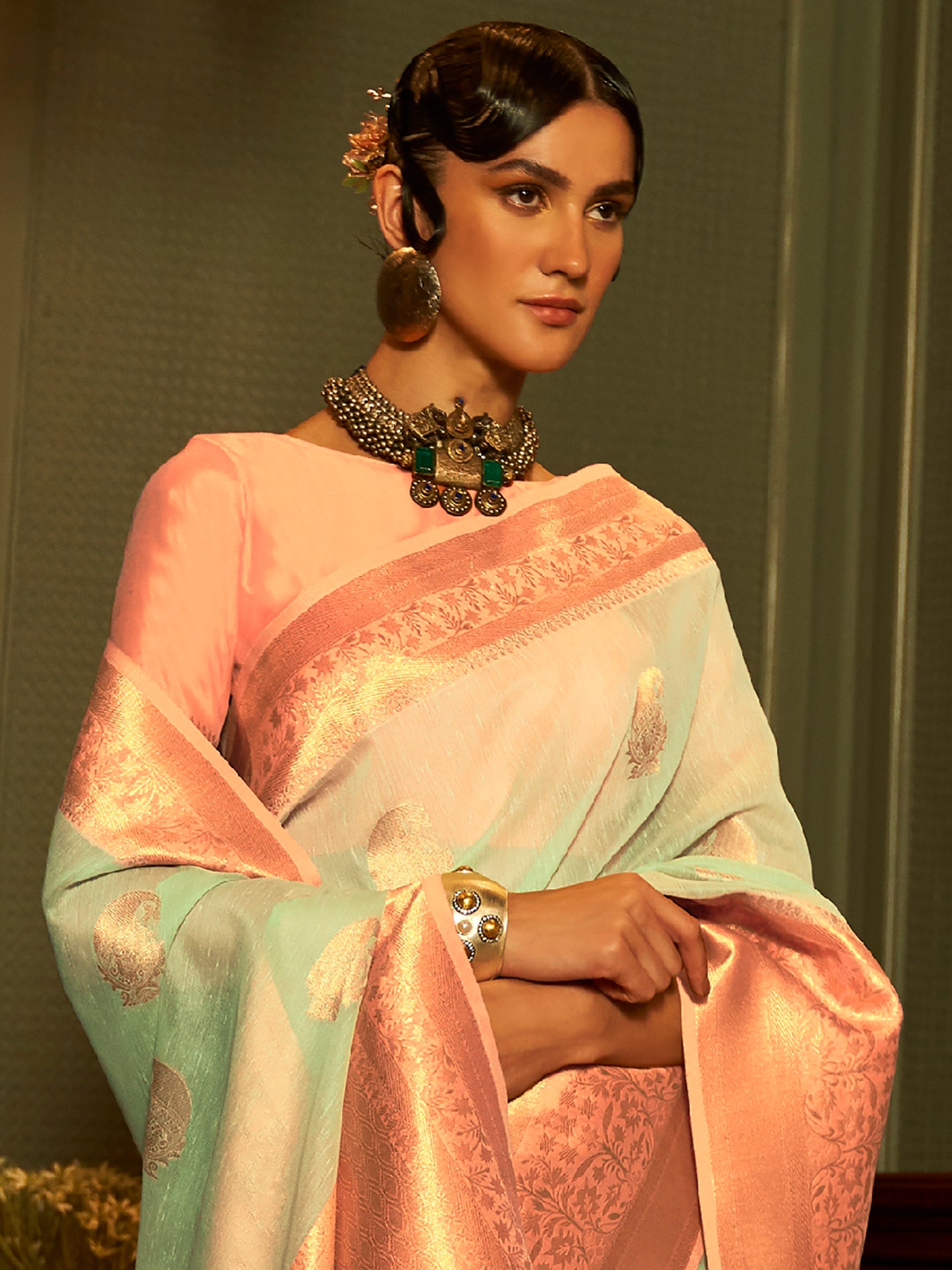 Women's Pure Linen Sea Green Woven Design Designer Saree With Blouse Piece