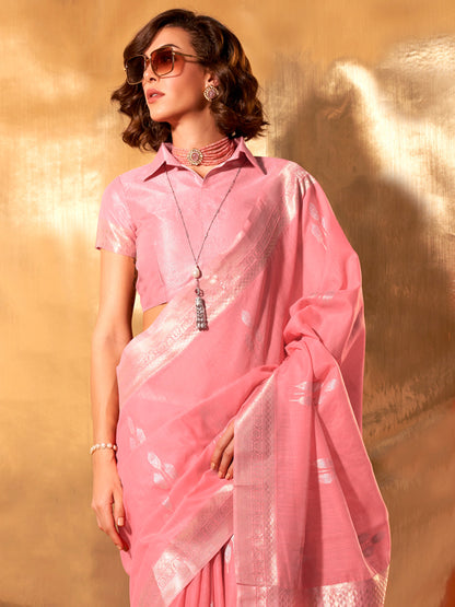 Women's Linen Pink Woven Design Designer Saree With Blouse Piece
