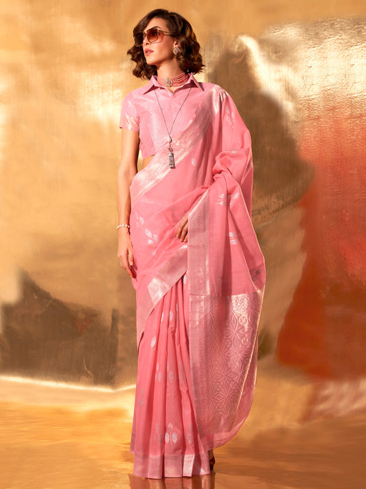 Women's Linen Pink Woven Design Designer Saree With Blouse Piece