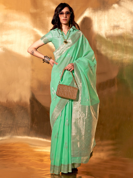 Women's Linen Sea Green Woven Design Designer Saree With Blouse Piece