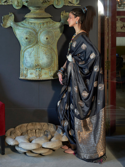 Women's Silk Blend Black Woven Design Designer Saree With Blouse Piece