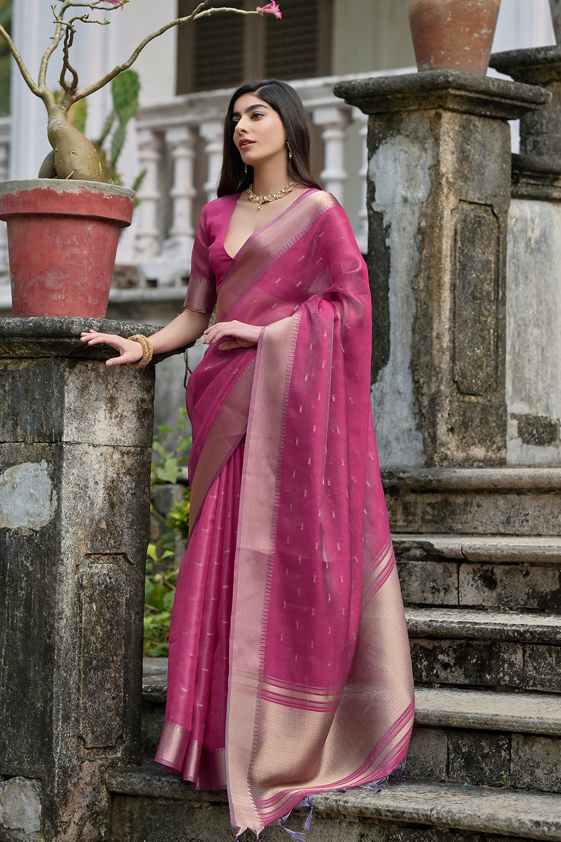 Pink Pink Soft Tussar Silk Saree