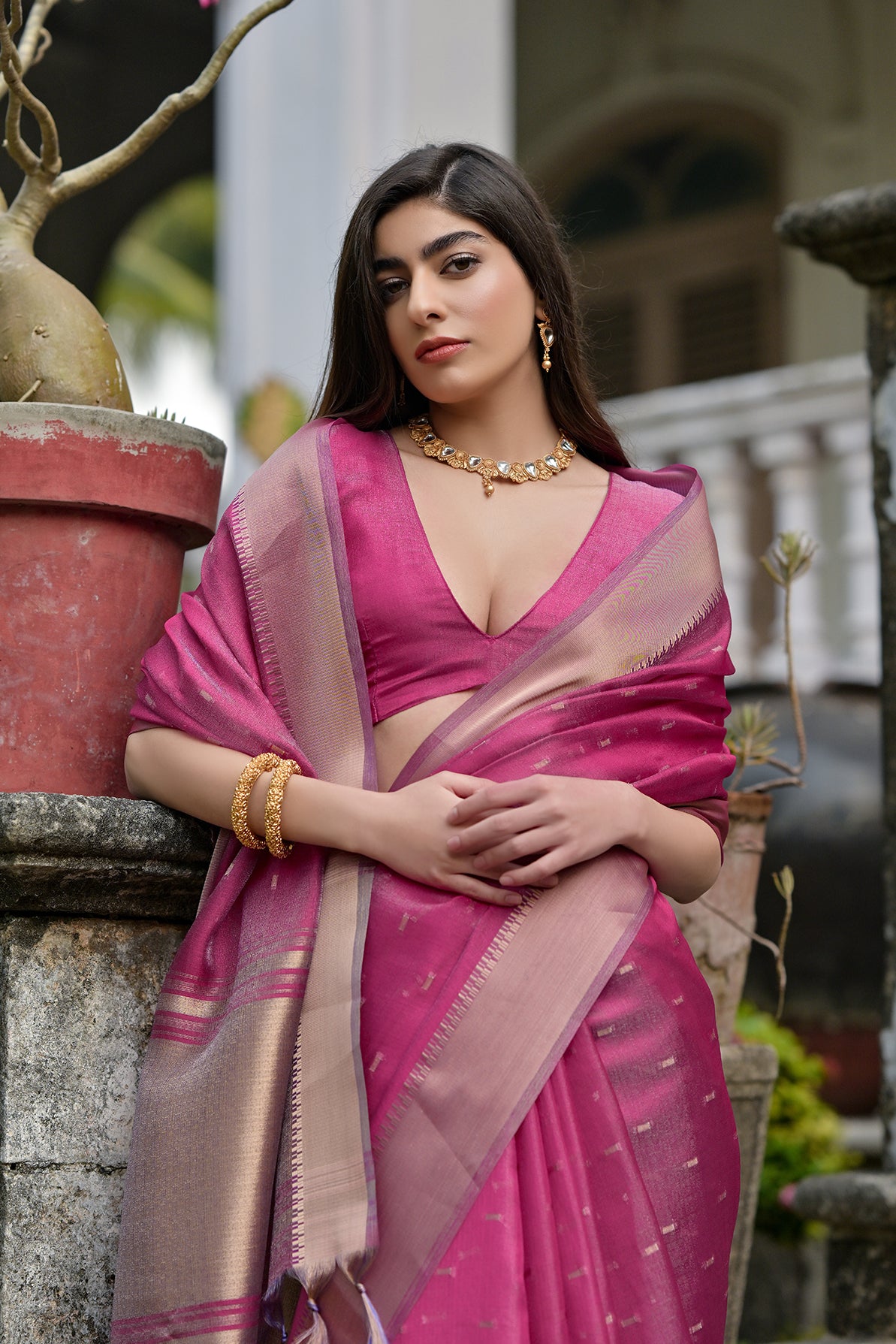 Pink Pink Soft Tussar Silk Saree
