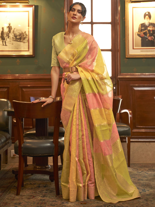 Women's Organza Multicolored Woven Design Celebrity Saree With Blouse Piece