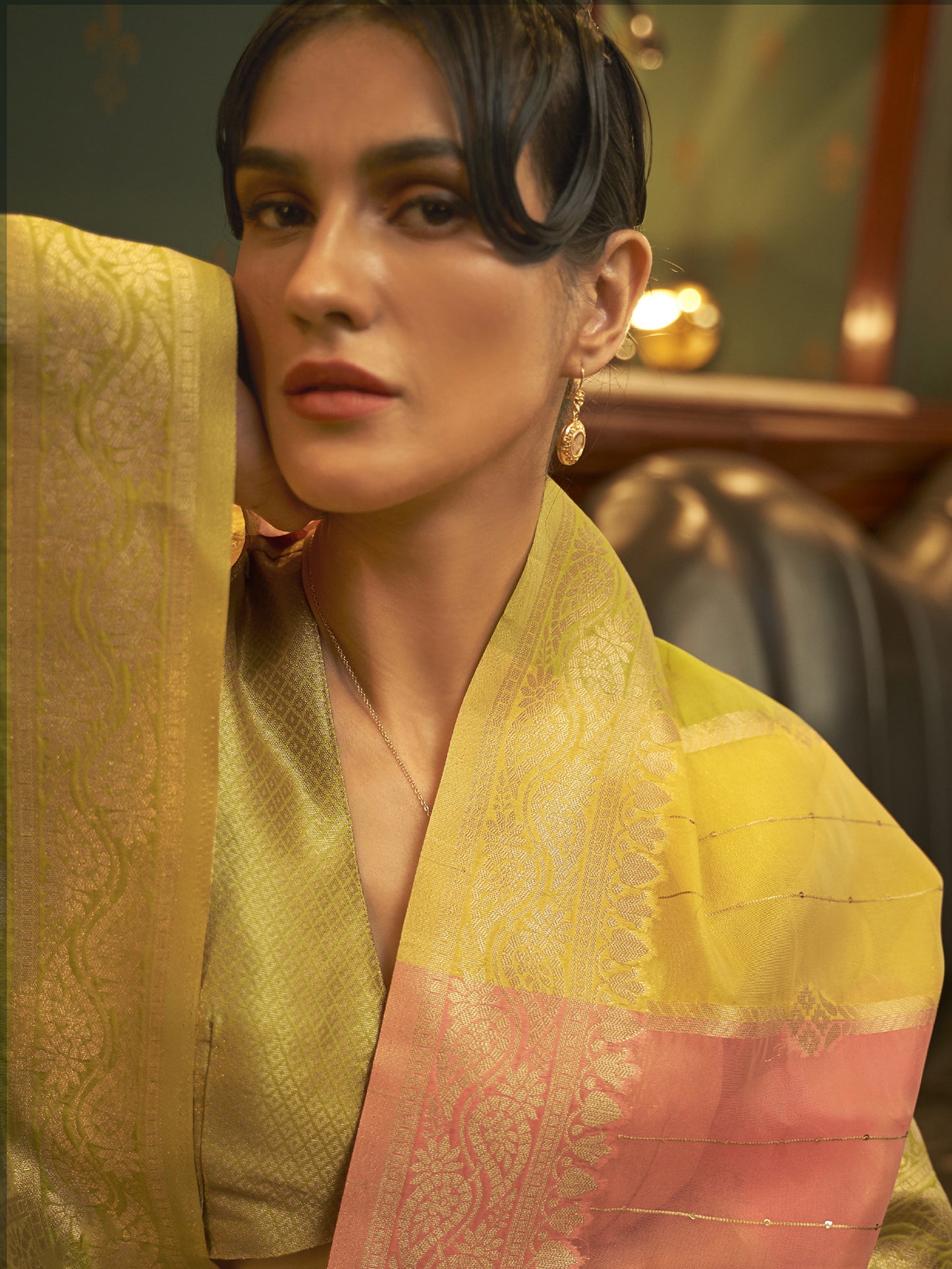 Women's Organza Multicolored Woven Design Celebrity Saree With Blouse Piece