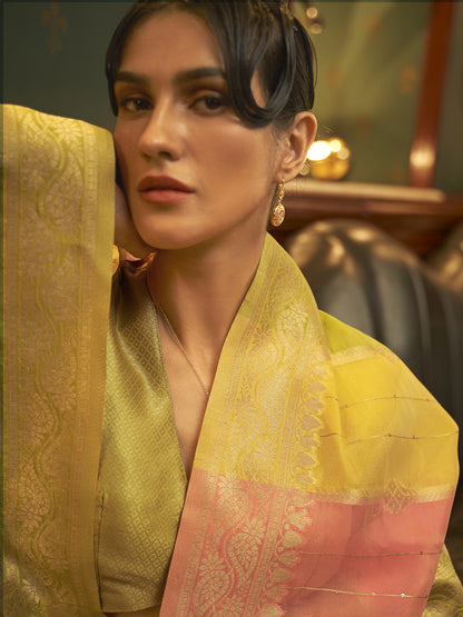 Women's Organza Multicolored Woven Design Celebrity Saree With Blouse Piece