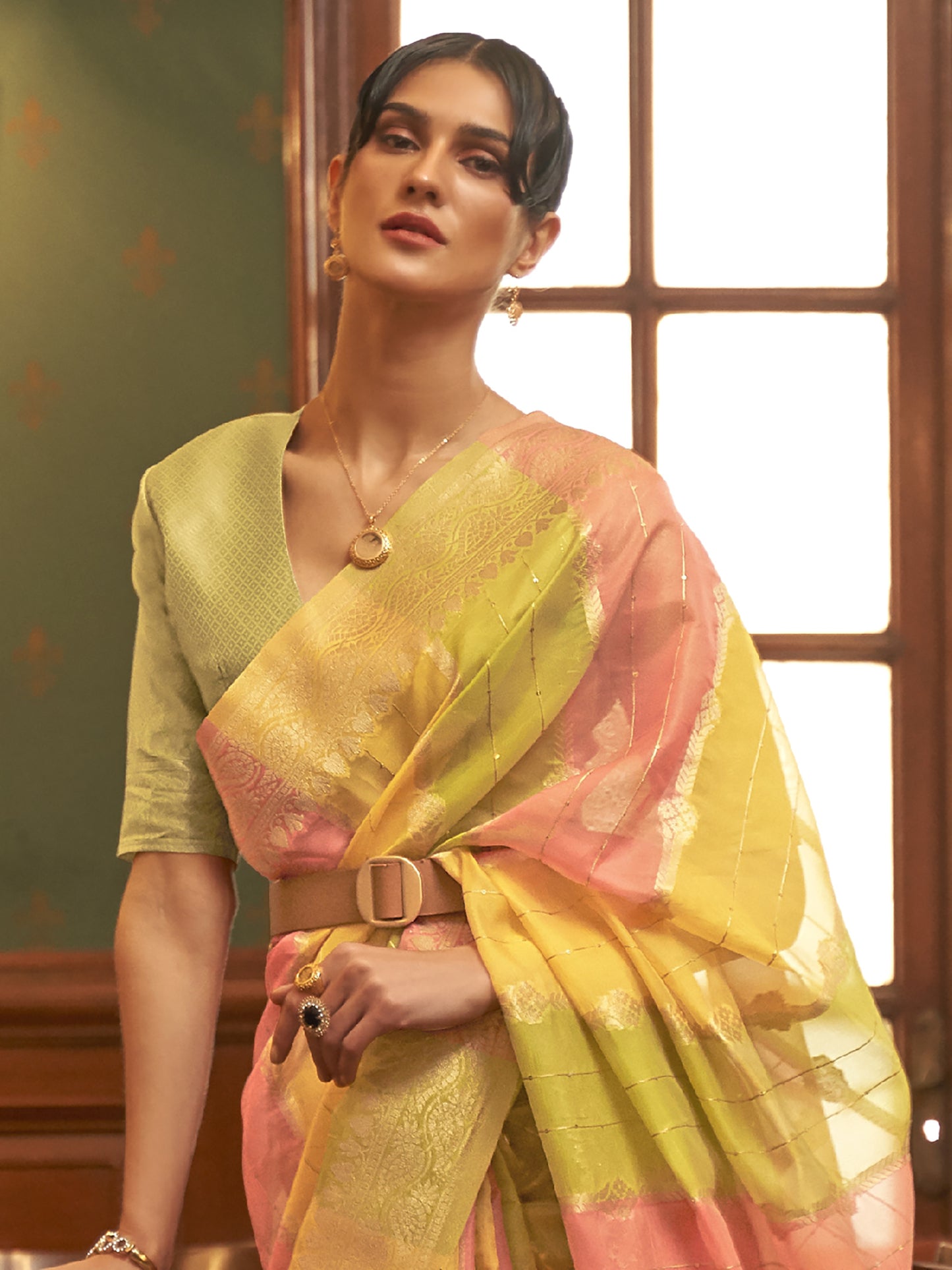 Women's Organza Multicolored Woven Design Celebrity Saree With Blouse Piece